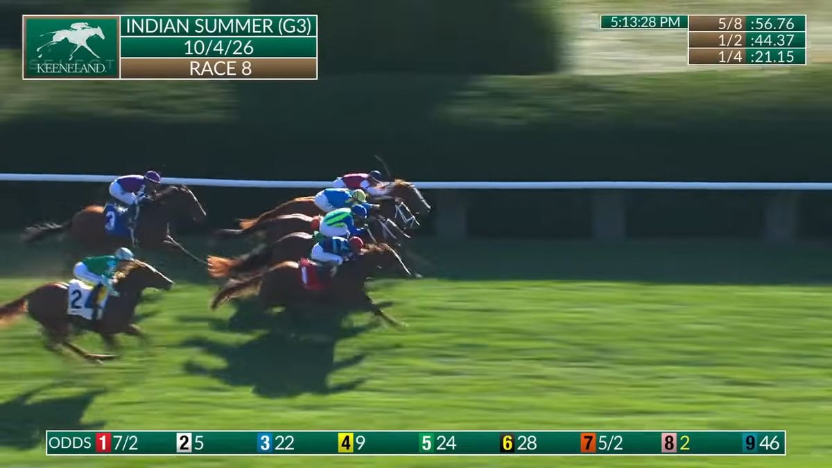 Adonius (nearest, red cap): gets up to win at Keeneland