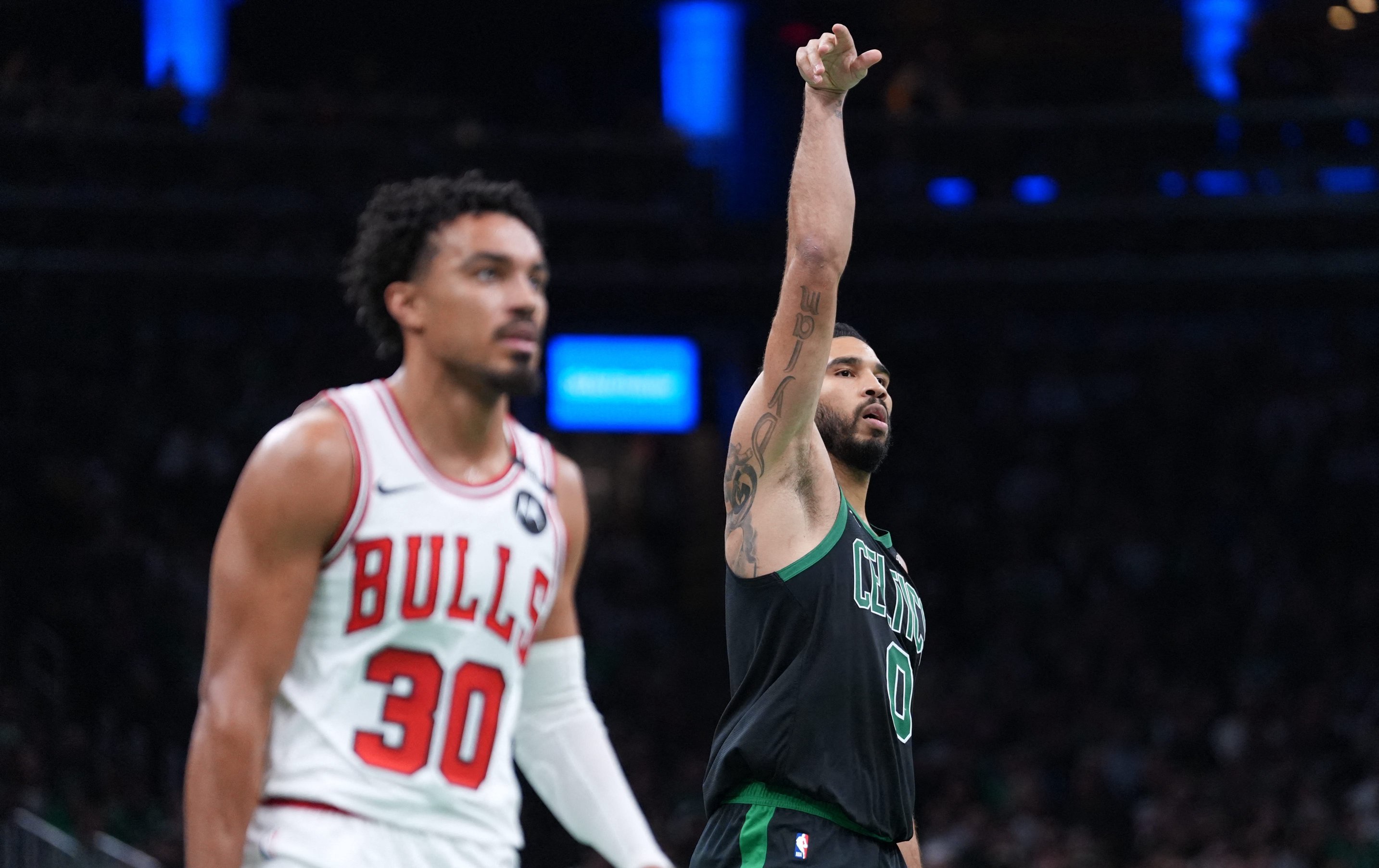 Oct 30, 2026; Boston, Massachusetts, USA; Boston Celtics forward Jayson Tatum (0) reacts after his three point basket against Chicago Bulls guard Tre Jones (30) in the second quarter at TD Garden. Mandatory Credit: David Butler II-Imagn Images