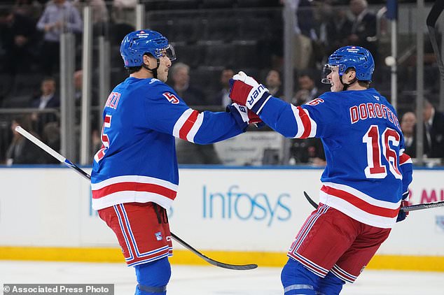 New York Rangers' Sean Durzi (5) celebrates with teammate Pavel Dorofeyev (16) after scoring a goal during the first period of an NHL hockey game against the Anaheim Ducks Monday, Oct. 19, 2026, in New York. (AP Photo/Frank Franklin II)