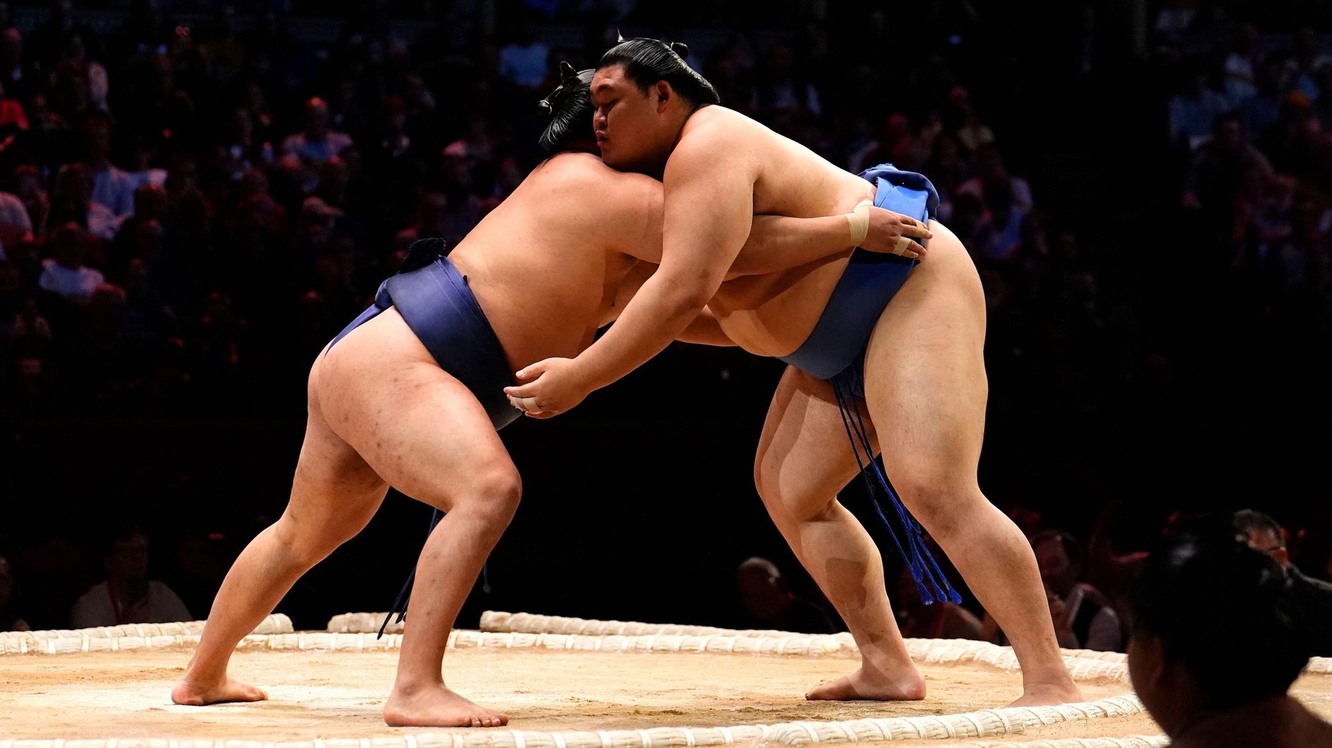 Two sumo wrestlers grappling in the ring at the Royal Albert Hall