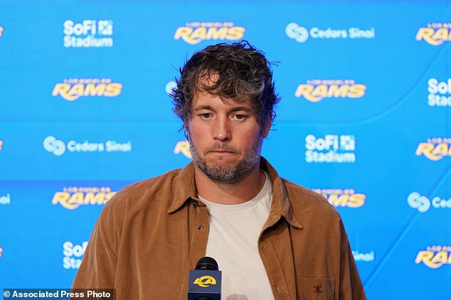 Los Angeles Rams quarterback Matthew Stafford speaks at a news conference after an NFL football game against the Arizona Cardinals in Inglewood, Calif., Sunday, Oct. 18, 2026. (AP Photo/Gregory Bull)