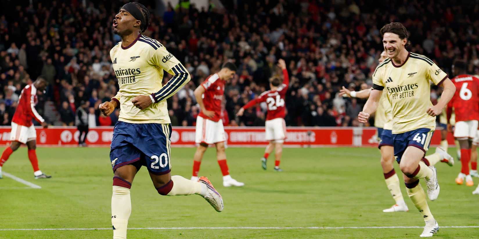 Noni Madueke celebrates scoring for Arsenal against Forest