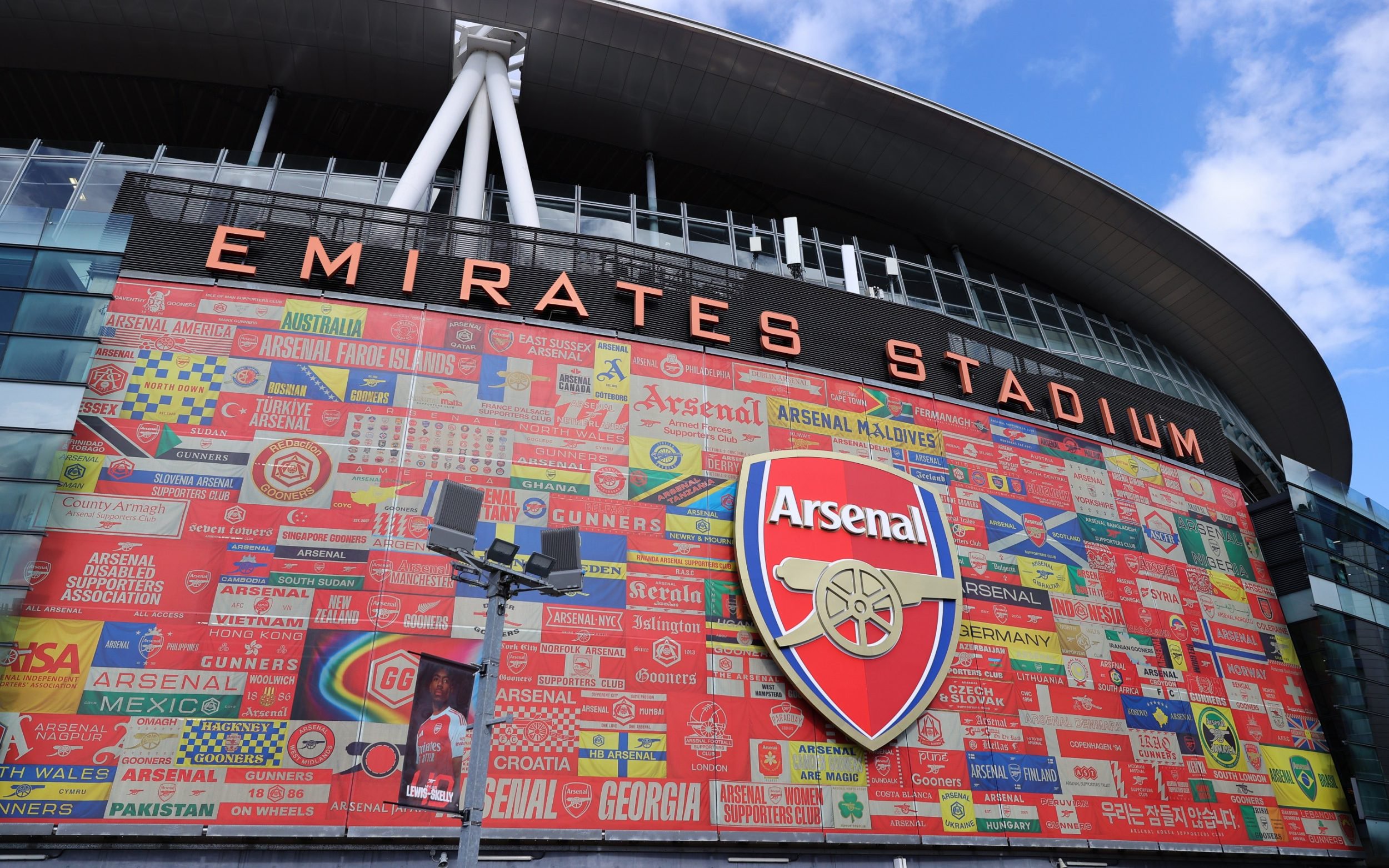 A general view of the exterior of the Emirates Stadium is seen ahead of the Premier League match between Arsenal and Manchester City at Emirates Stadium on September 21, 2025 in London, England