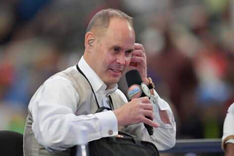 Mar 31, 2017; Phoenix, AZ, USA; Television sportscaster Ernie Johnson during practice for the 2017 Final Four at University of Phoenix Stadium. Mandatory Credit: Joe Camporeale-USA TODAY Sports