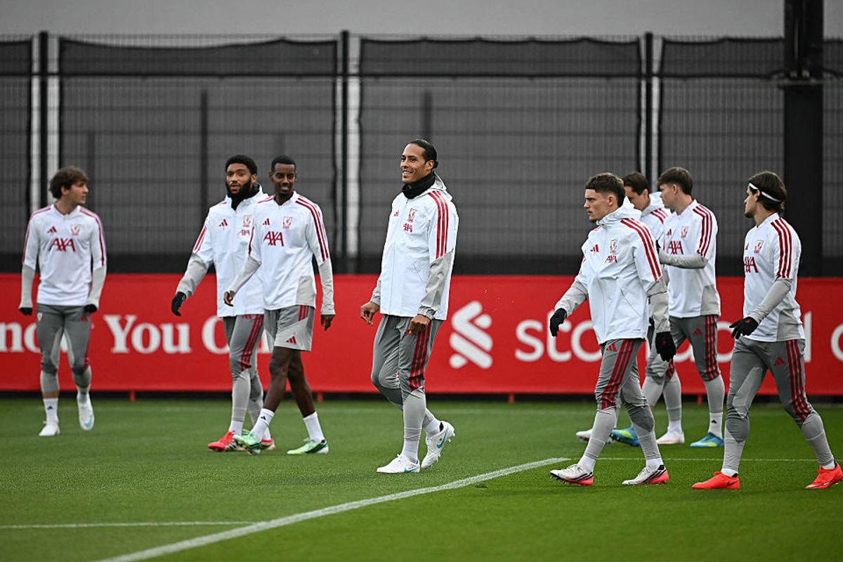 Liverpool players in training ahead of Tuesday's clash with Villarreal (Photo by Paul ELLIS / AFP via Getty Images)