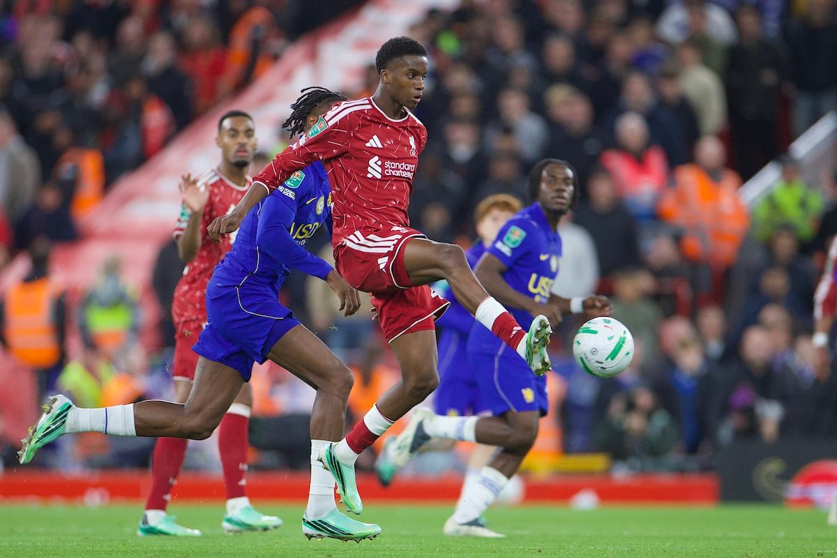 LIVERPOOL, ENGLAND - Wednesday, October 28, 2026: Liverpool's Trey Nyoni during the Football League Cup 4th Round match between Liverpool FC and Chelsea FC at Anfield. (Photo by David Rawcliffe/Propaganda)
