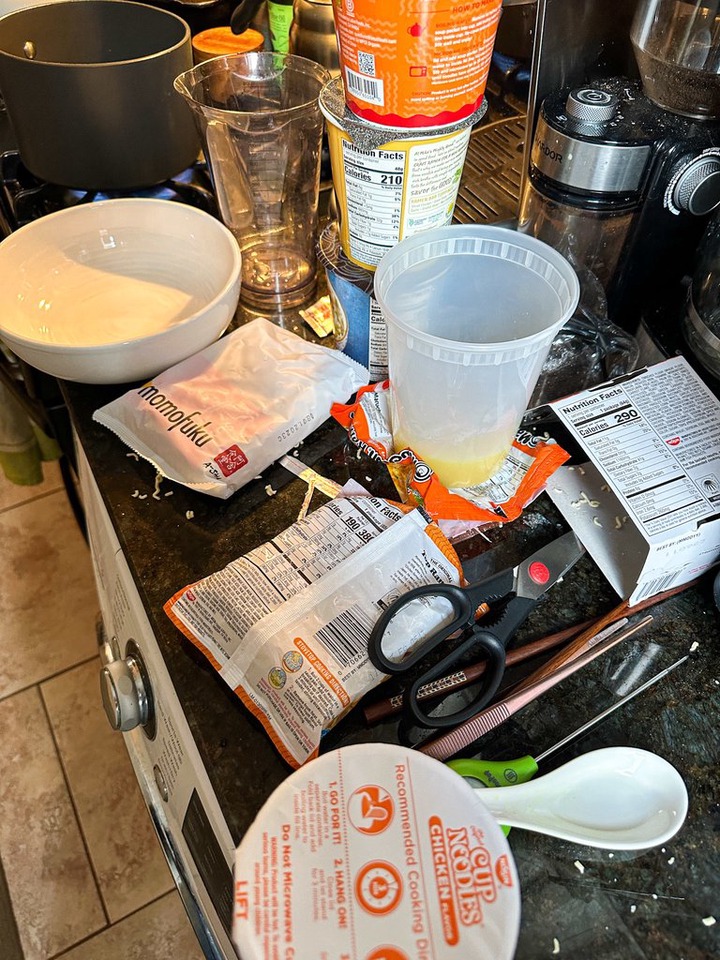 various ramen packaging and bowls strewn about author&#x27;s counter