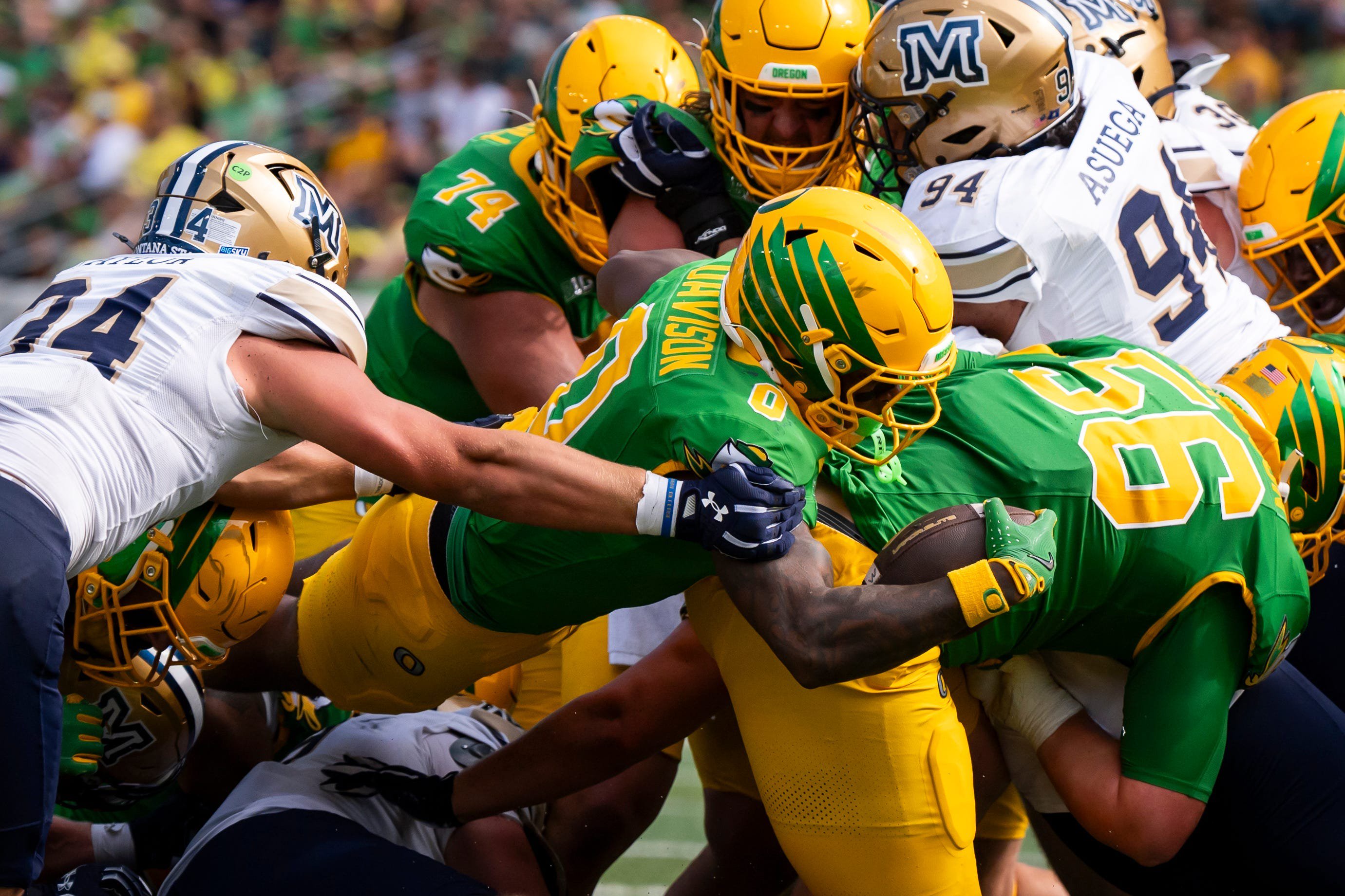 Oregon running back Jordon Davison dives into the end zone for a touchdown as the Oregon Ducks host the Montana State Bobcats on Aug. 30, 2025, at Autzen Stadium in Eugene, Oregon.