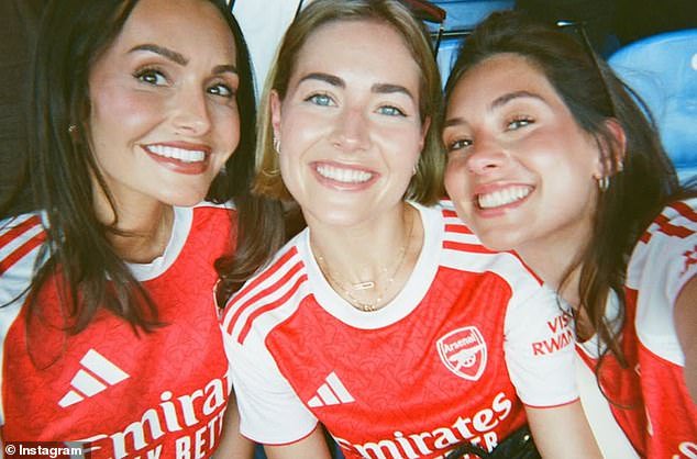 Milly White, Helene Spilling Ødegaard and Sophia Havertz (L-R) are pictured celebrating Arsenal's win last month
