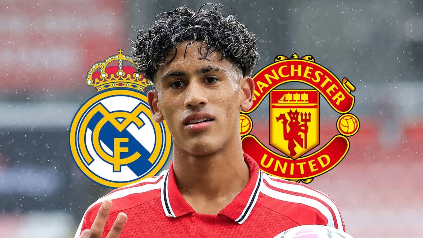 Real Madrid badge, JJ Gabriel and Manchester United badge - copyright TEAMtalk