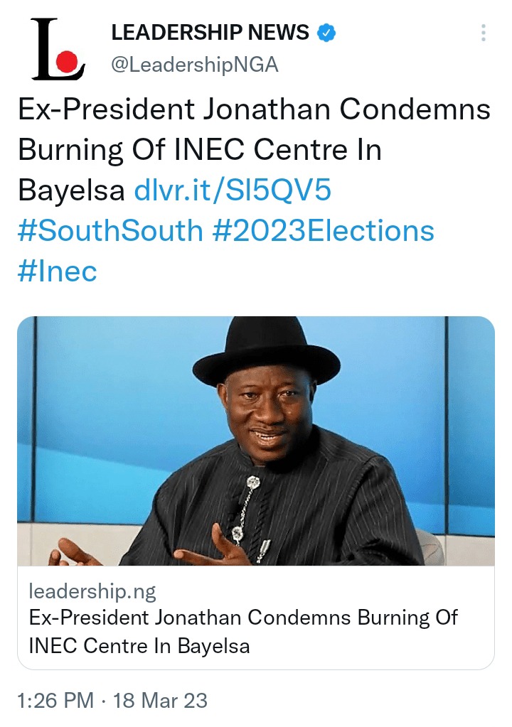 Today's Headlines: APC ‘ll Win Not Less Than 28 States–Lawan, Ex-President Jonathan Condemns Burning Of INEC Centre In Bayelsa