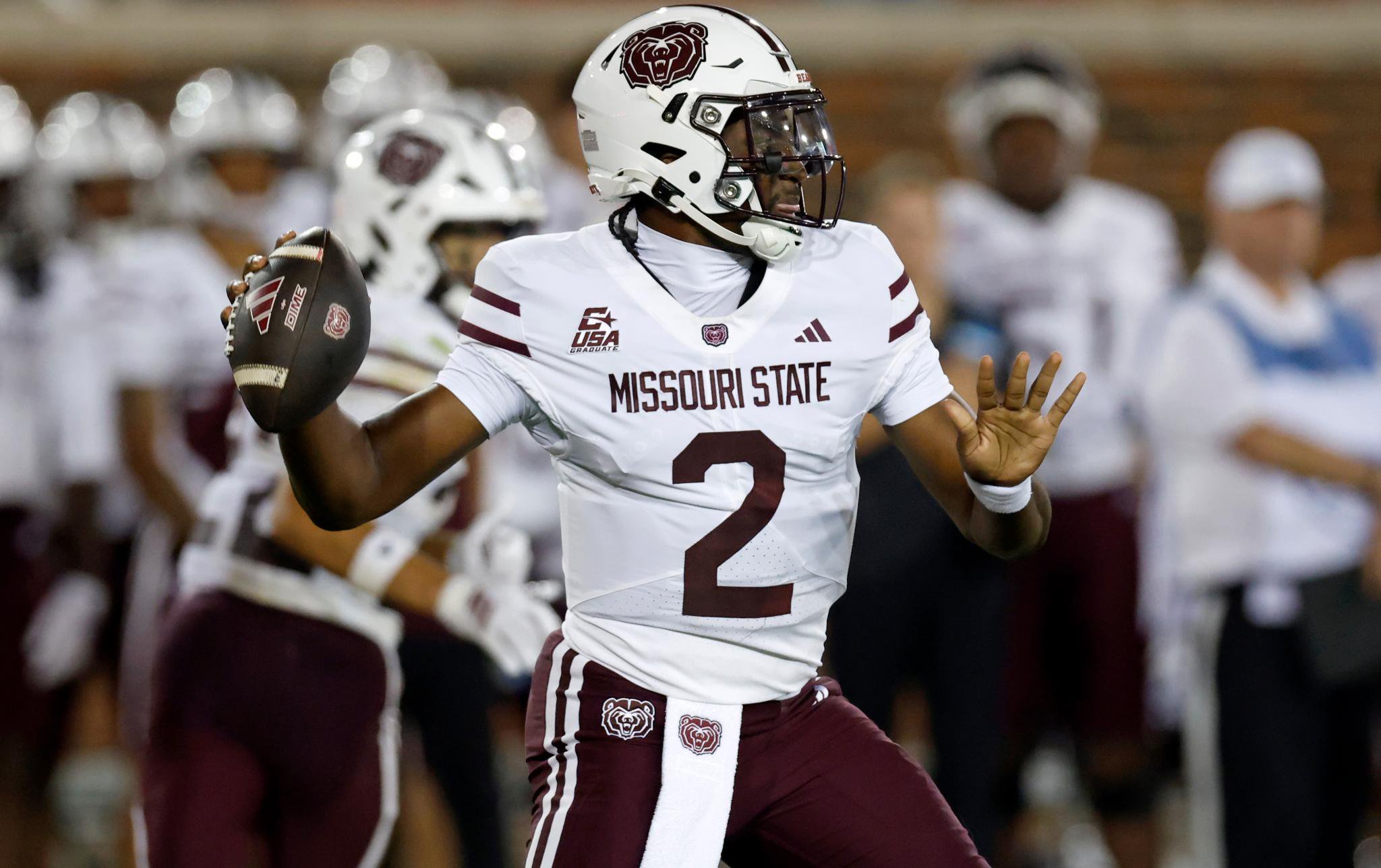 Missouri State Bears quarterback Henry Belin IV (2) prepares to throw a pass downfield.