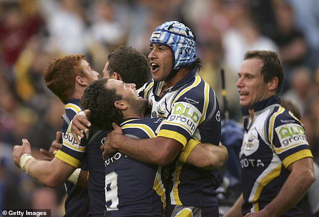 Thurston celebrates after a Ty Williams try in 2005 during the preliminary final against the Eels