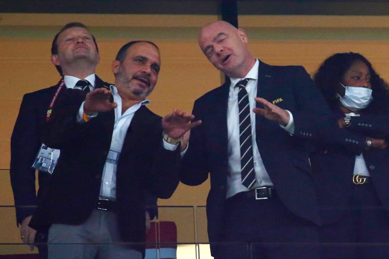 Prince Ali bin Hussein the President of Jordan football association is seen with FIFA President Gianni Infantino during an Arab Cup match