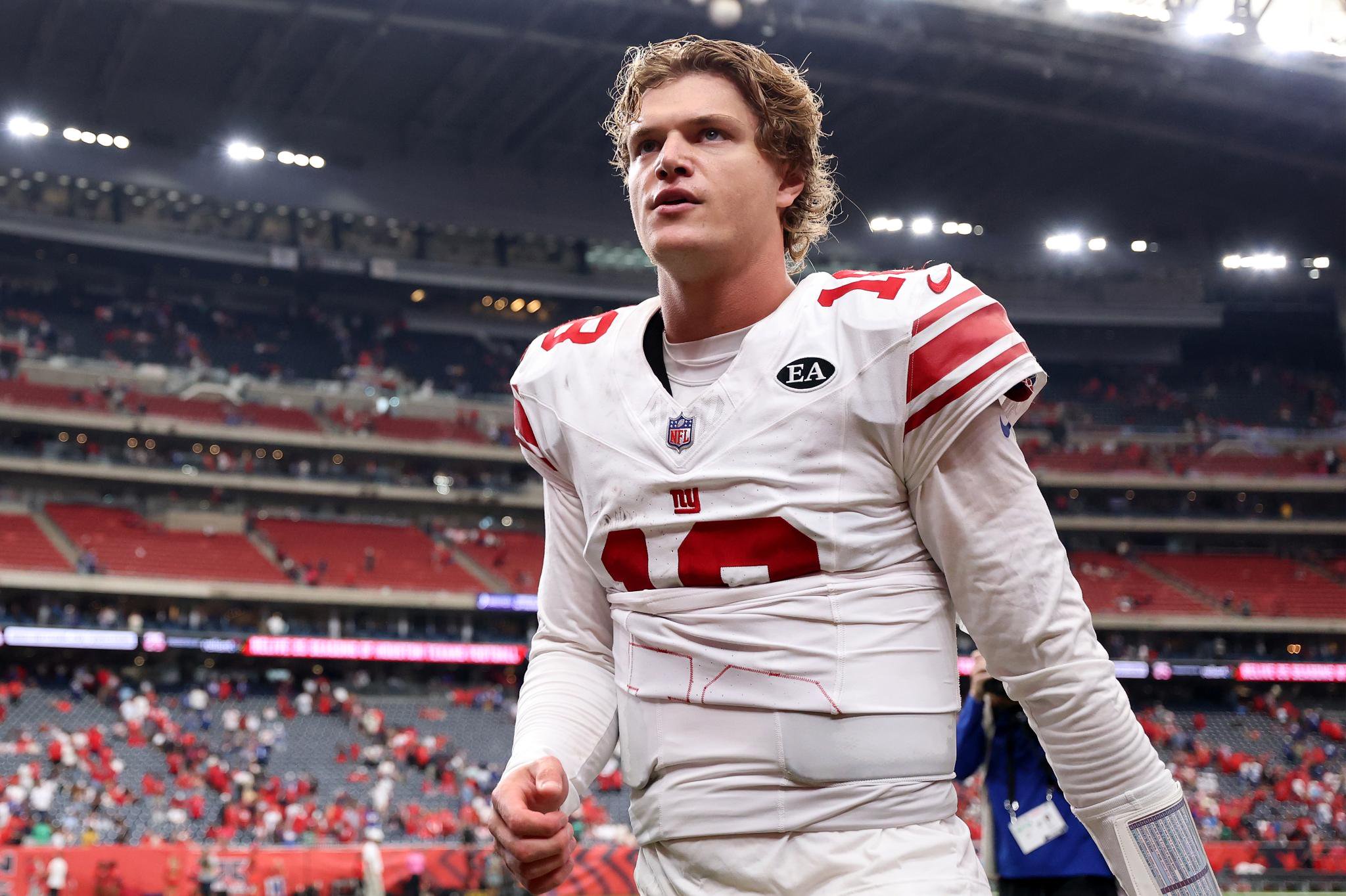 J.J. McCarthy (18) of the New York Giants celebrates after defeating the Houston Texans at Reliant Stadium in Houston, Texas, Sunday, Oct. 25, 2026.