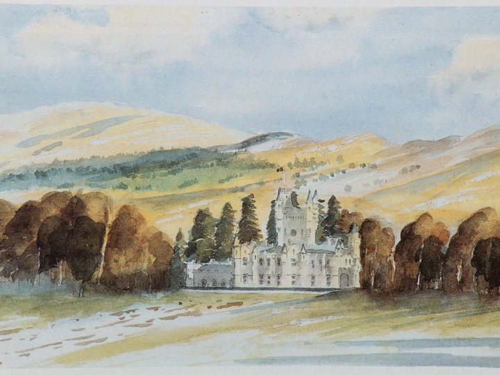 Slide 5 of 16: The king, who has donated all profits from his artwork to The Prince of Wales's Charitable Fund, prefers to paint outdoor scenes, favoring mountains, streams, and the surrounding areas of the Queen's estate at Balmoral.Balmoral Castle is located in Aberdeenshire, Scotland, and was occupied by Queen Elizabeth II until her death. The home was first purchased for Queen Victoria by Prince Albert in 1852.