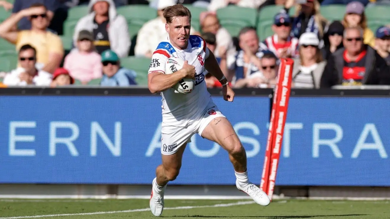 AJ Brimson runs in to score a try for England during the 2026 Rugby League World Cup