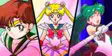 A split image shows Sailor Moon in the center, with Sailor Pluto and Sailor Jupiter on the sides
