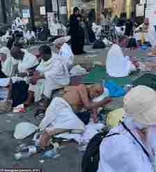 Pilgrims have been pictured lying in the street surrounded by empty water bottles amid the deadly heatwave in Saudi Arabia