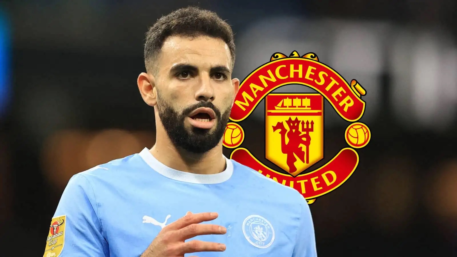 Man City star Rayan Ait-Nouri with a Man Utd badge