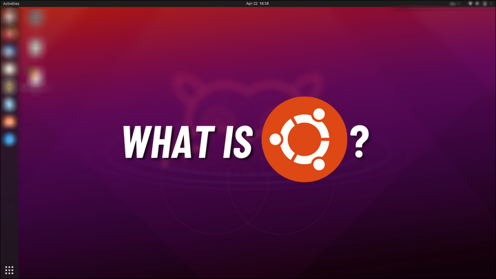 The phrase "What is ubuntu" over the Ubuntu desktop