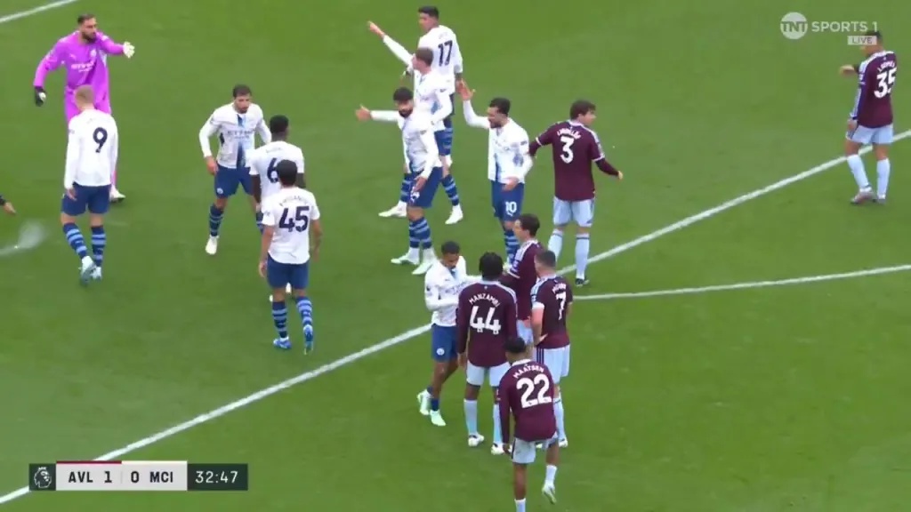 Erling Haaland berates a Manchester City teammate during a match against Aston Villa.