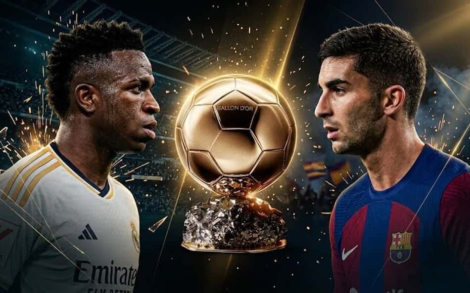 Vinícius Júnior (Real Madrid) enfrenta Ferran Torres (Barcelona) com Ballon d'Or entre eles.