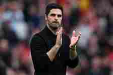 Arsenal's Spanish manager Mikel Arteta applauds the fans following the English Premier League football match between Arsenal and Bournemouth at the...