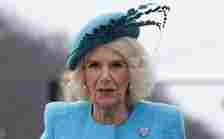 Camilla, Queen Consort, Queen, Queen Consort Camilla, coat, tweed coat, bleu coat, women's coat, fascinator, hat, boots, black boots, tall boots, womens boots, flat boots
