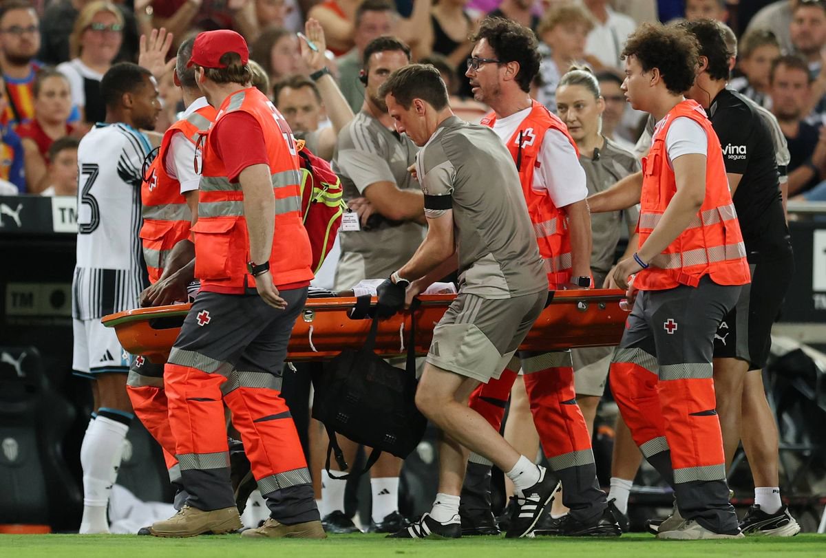 Anthony Elanga of Newcastle United is stretchered off after getting injured during the pre-season friendly with Valencia