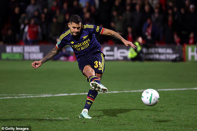 Bruno Guimaraes hit an unconvincing fourth penalty for the Gunners which he saw saved