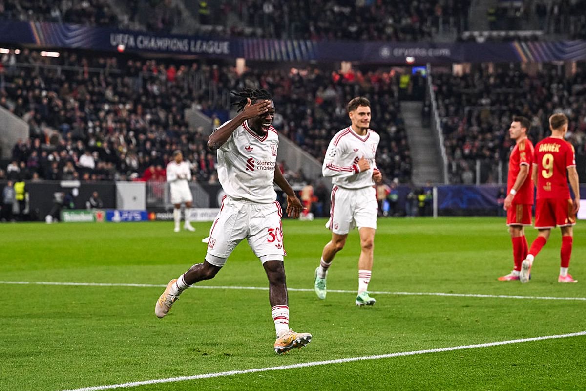 LINZ, AUSTRIA - OCTOBER 14: Jeremie Frimpong of Liverpool celebrates after scoring their team's fourth goal during the UEFA Champions League 2026/27 League Phase MD2 match between LASK and Liverpool FC at Oberösterreich Arena on October 14, 2026 in Linz, Austria. (Photo by Liverpool FC/Liverpool FC via Getty Images)