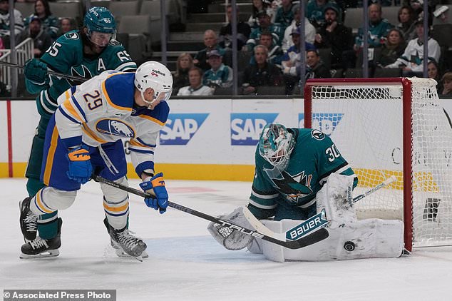San Jose Sharks goaltender Yaroslav Askarov (30) defends against a shot by Buffalo Sabres left wing Beck Malenstyn (29) during the second period of an NHL hockey game, Tuesday, Oct. 27, 2026, in San Jose, Calif. (AP Photo/Jeff Chiu)