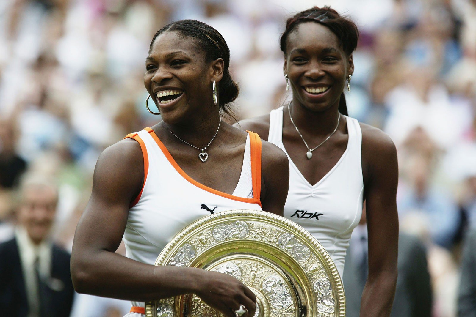 Image may contain Serena Williams Venus Williams Head Person Face Accessories Jewelry Necklace Happy and Adult