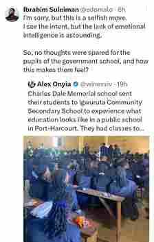 Opinions divided as private school sends its students on excursion to a public school in Port Harcourt