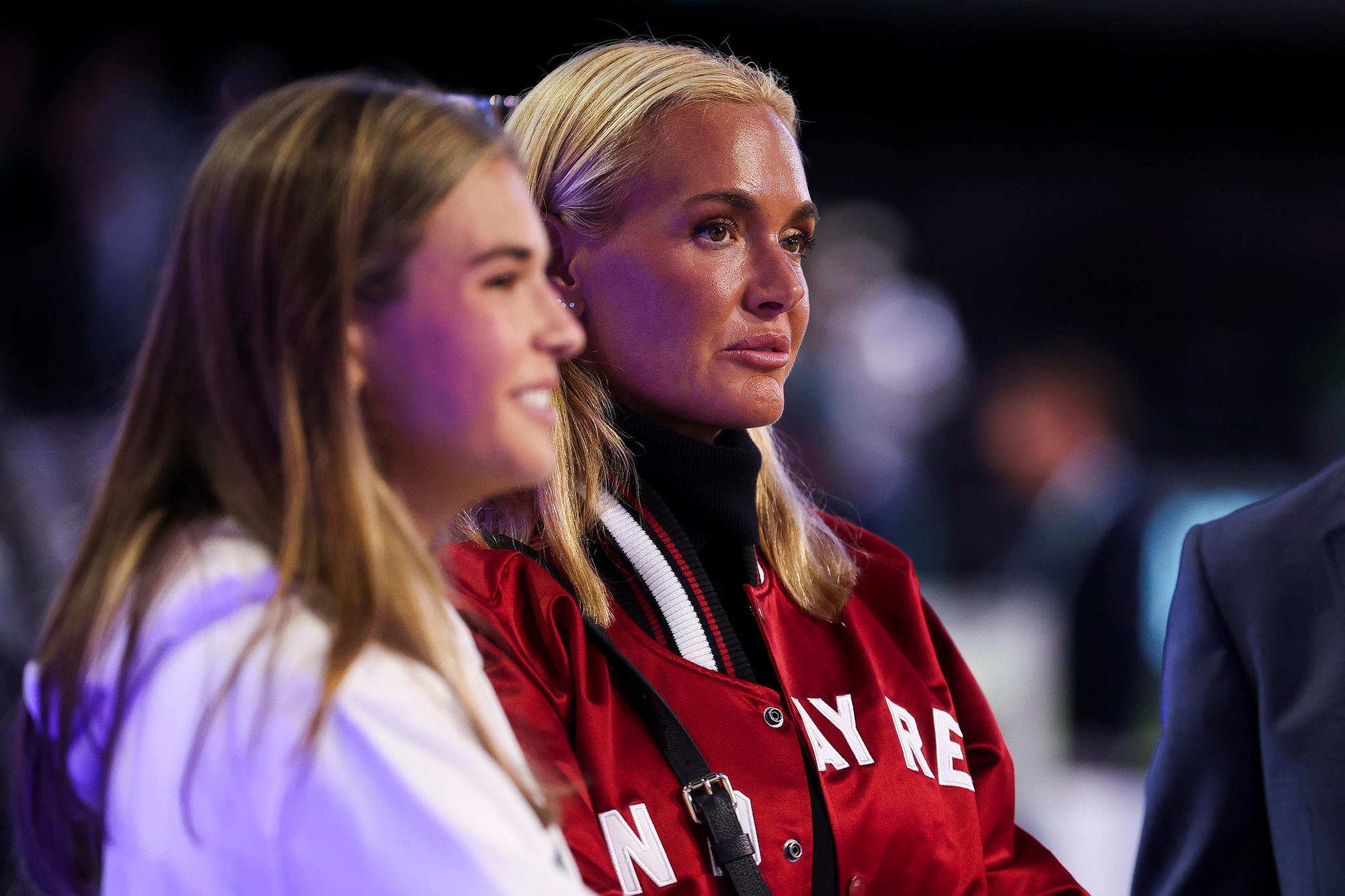 Vanessa Trump, left, girlfriend of Tiger Woods of Jupiter Links GC, and her daughter Kai Trump look on after a match between Jupiter Links and Boston Common Golf at SoFi Center in Palm Beach Gardens, Florida, Tuesday, March 17, 2026.