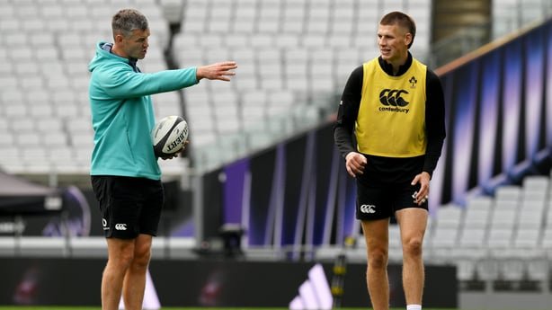 17 July 2026; Sam Prendergast, right, and assistant coach Jonathan Sexton during the Ireland Rugby captain's run at Eden Park in Auckland, New Zealand. Photo by Brendan Moran/Sportsfile