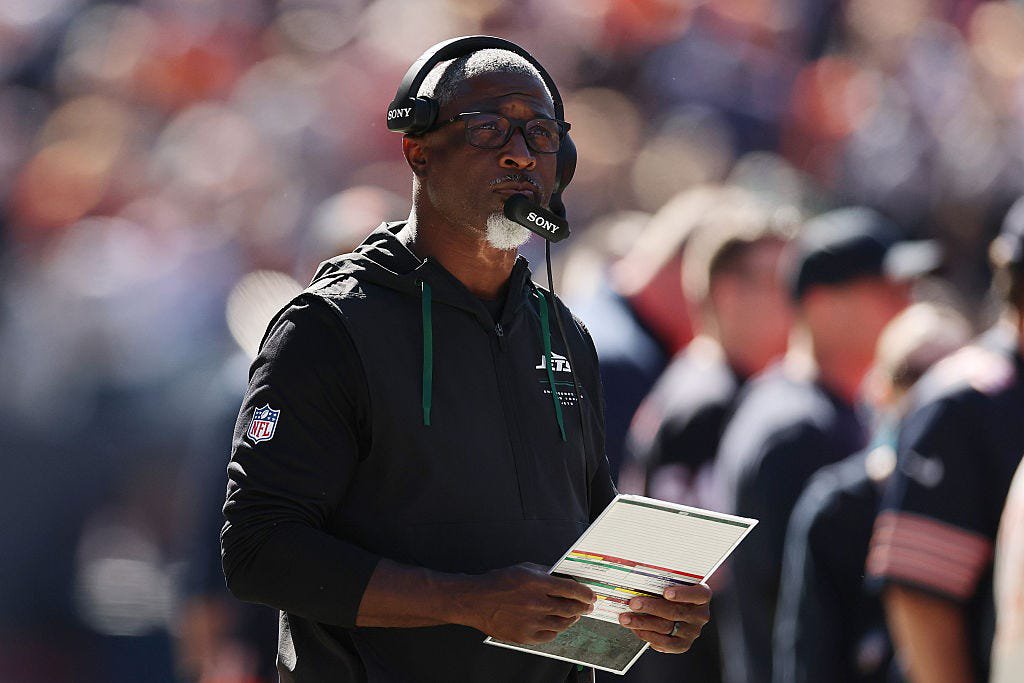 CHICAGO, ILLINOIS - OCTOBER 04: Head coach Aaron Glenn of the New York Jets looks on prior to the game against the Chicago Bears at Soldier Field on October 04, 2026 in Chicago, Illinois. (Photo by Michael Reaves/Getty Images)