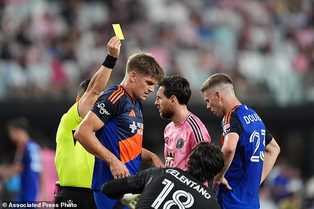 Inter Miami forward Lionel Messi (10) is shown a yellow card during the first half of an MLS soccer match, Wednesday, Oct. 28, 2026, in Miami. (AP Photo/Rebecca Blackwell)