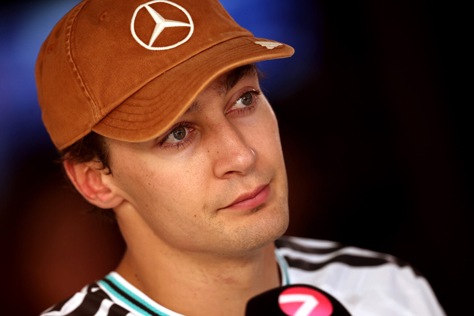 George Russell of Mercedes does an interview in the media pen at the 2026 United States Grand Prix