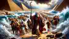 Illustration of Moses leading the exodus from Egypt through the parted Red Sea
