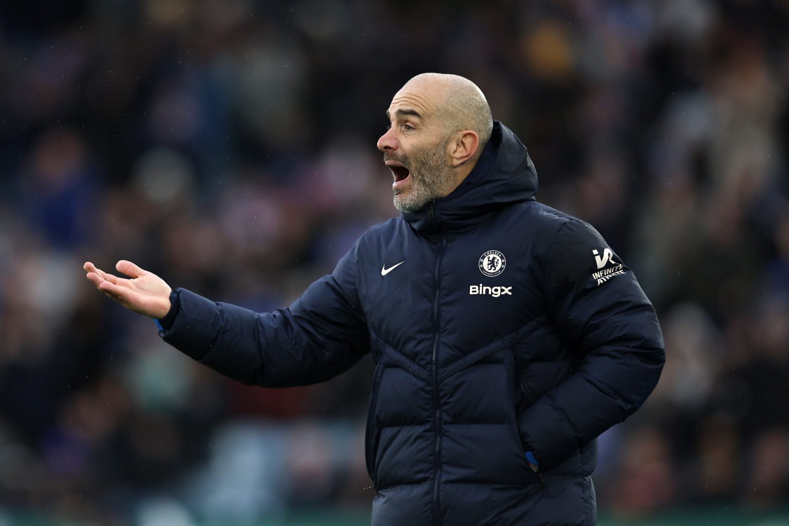 Enzo Maresca, Manager of Chelsea, reacts during the Premier League match between Leicester City FC and Chelsea FC at The King Power Stadium on Nove...