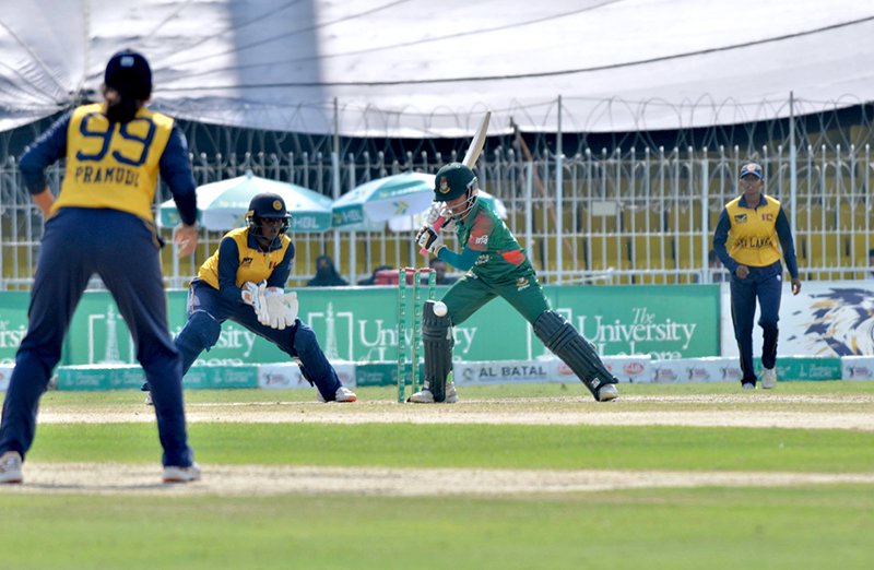 Players in action during the T20 tri-series final between Bangladesh Under-19 Women and Sri Lanka Under-19 Women at Iqbal Stadium.