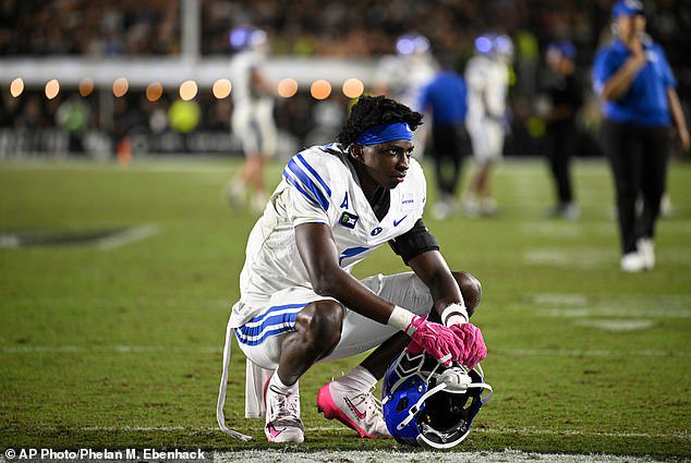 BYU cornerback Therrian Alexander reacts after Central Florida scored a two-point conversion