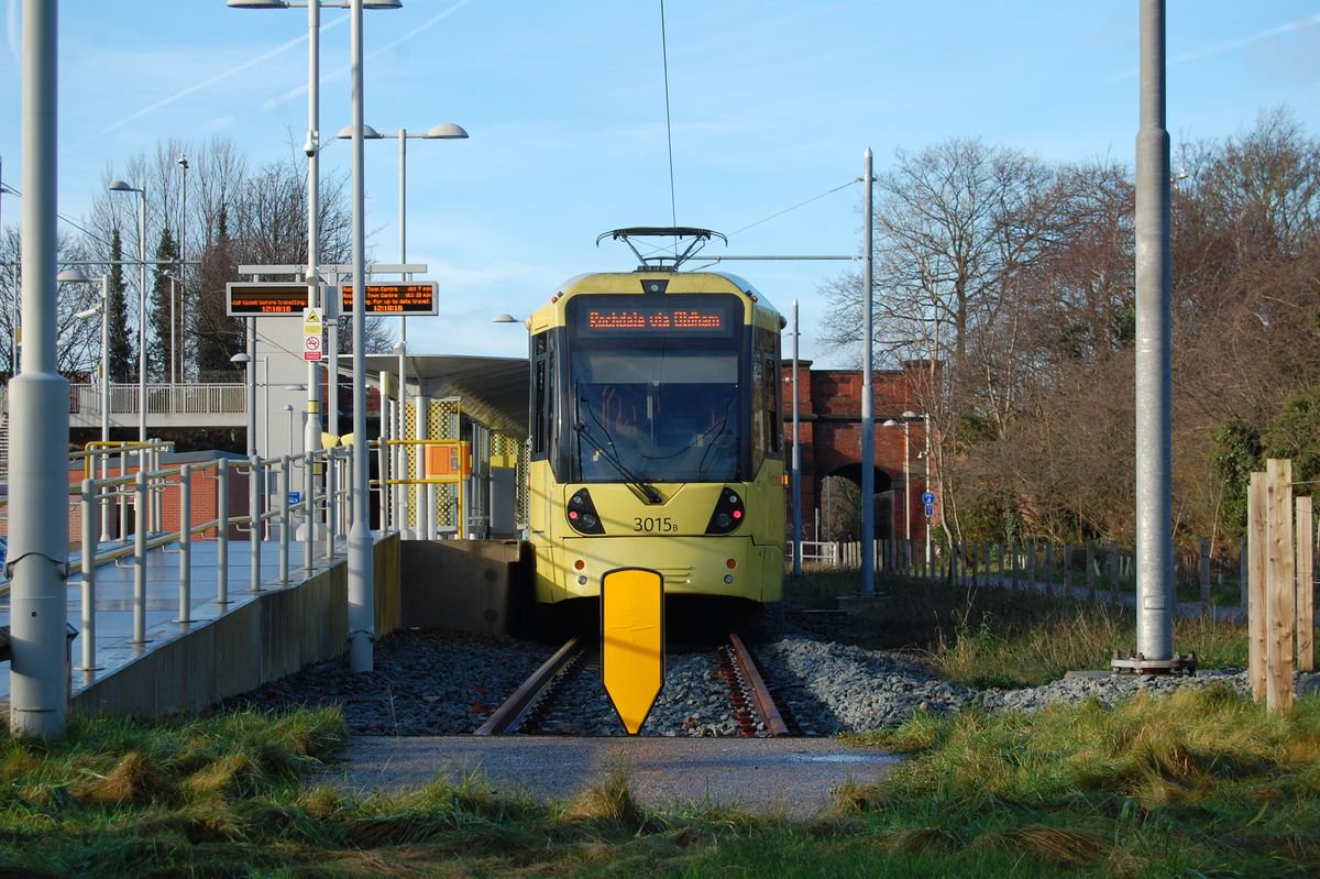 A Metrolink tram awaiting departure at East Didsbury station on Monday 5th January 2015