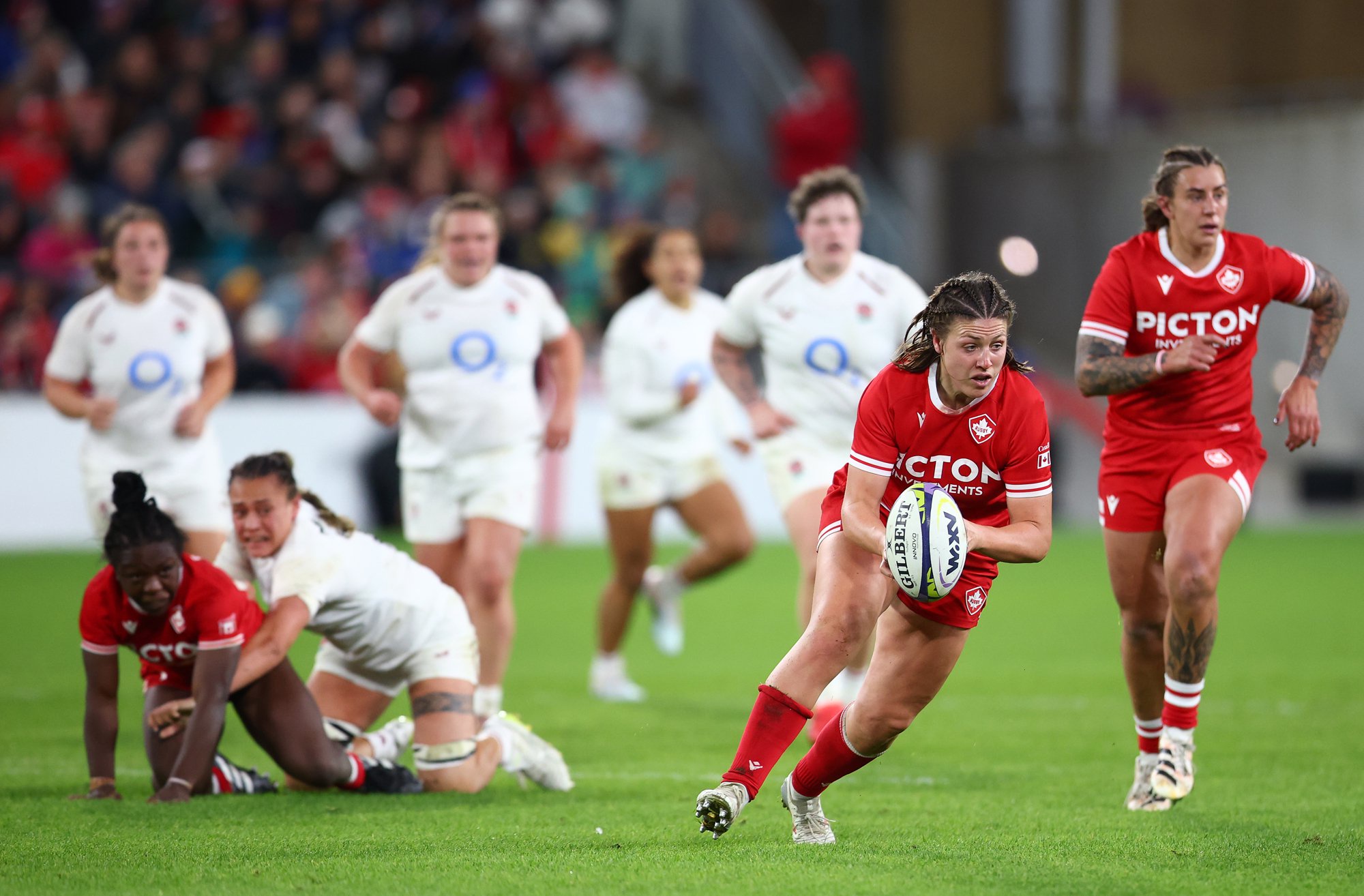 Daleaka Menin of Canada runs with the ball during the first October 2026 WXV Global Series match against England