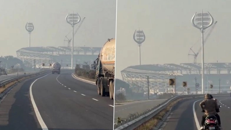 Trishul-Shaped Floodlights at Varanasi International Cricket Stadium Captivate Netizens As Video Goes Viral