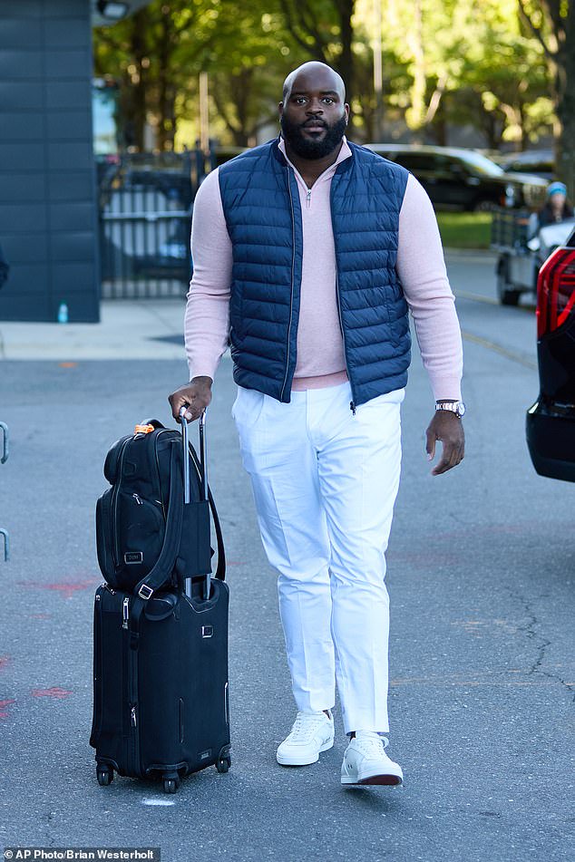 Carolina Panthers offensive tackle Taylor Moton arrives for Sunday's game in Tampa