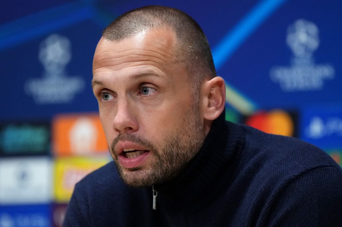 John Heitinga speaking at a Champions League press conference
