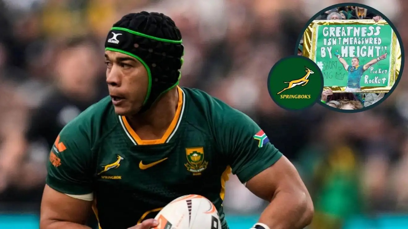 Springboks flyer Cheslin Kolbe and an inset of a fan holding a sign of him.